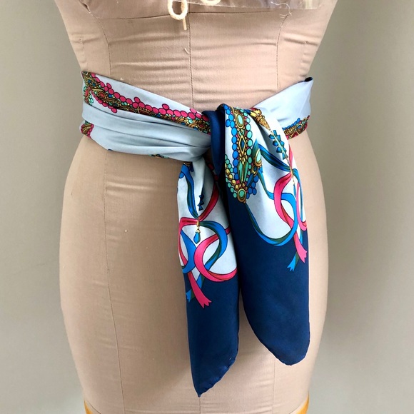 VTG 70’s Perry Ellis silk scarf painter theme print Royal blue & primary colors